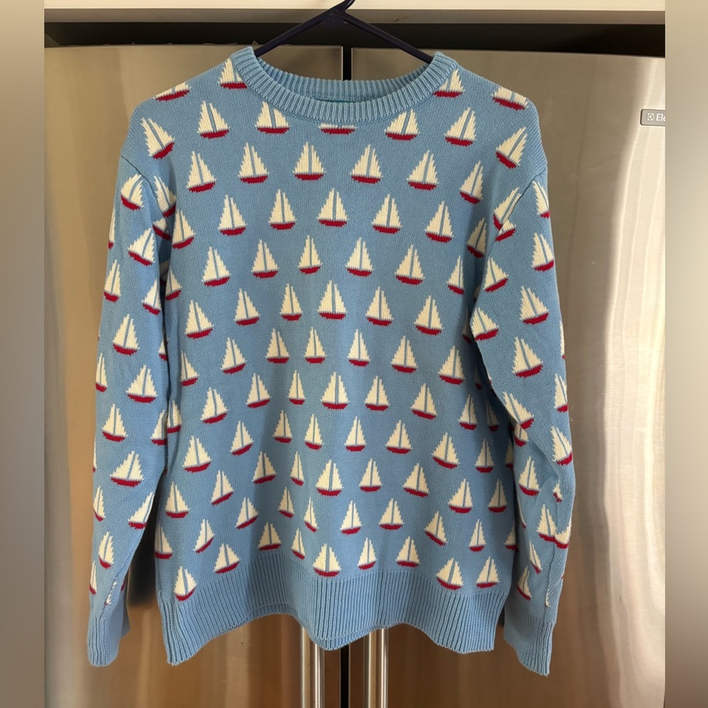 Kiel James Patrick Unisex “Toasty Coasty” Baby Blue/Sailboat Pattern Sweater